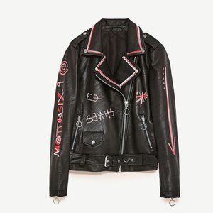 ZARA BLACK FAUX LEATHER GRAFFITI JACKET - SIZE M